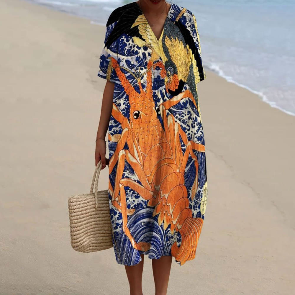 Japanese Retro Painting Lobster Decorative Pattern Flowy Dress - Orange - 6XL - image 1