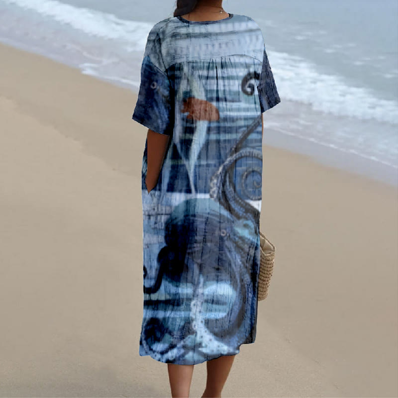 Japanese Underwater World Seaweed Octopus Print V-neck Short Sleeved Casual Midi Dress - image 2