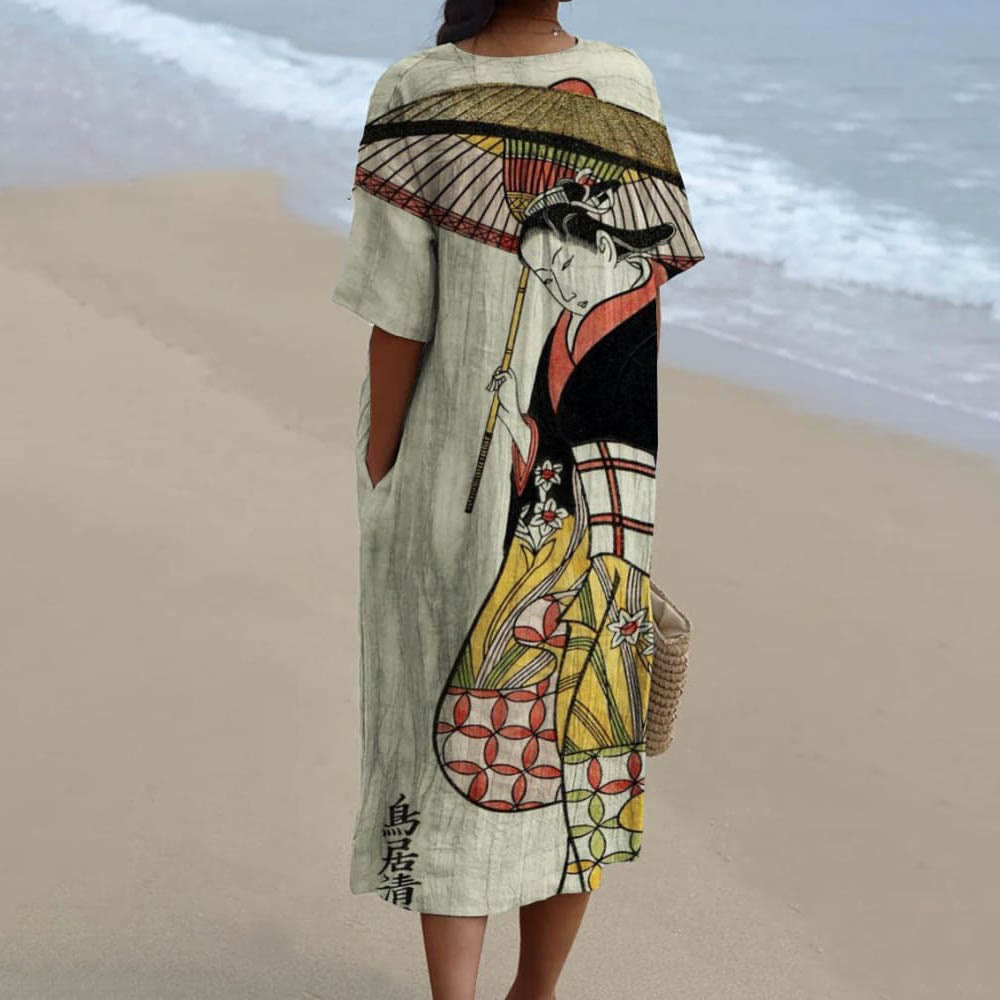 Japanese Ukiyo-E Retro Costume Woman Holding Umbrella Decorative Pattern Flowy Dress - image 2