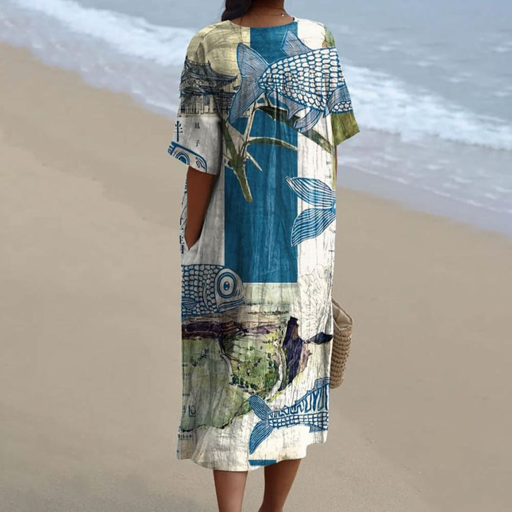 Women's Fish Art Cartoon Pattern Art Print Flowy Dress - image 2