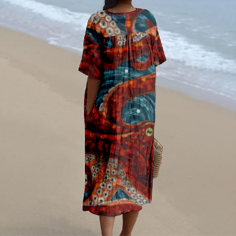 Japanese Colorful Octopus Art Print V-neck Short Sleeved Casual Midi Dress - image 2
