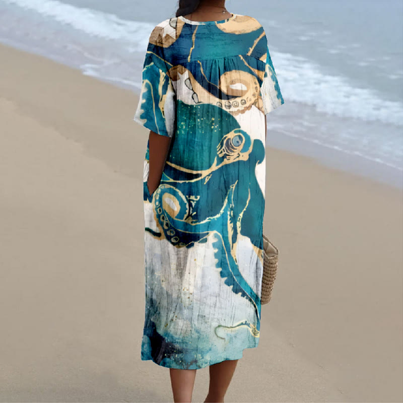 Japanese Ombre Octopus Art print V-Neck Short Sleeved Casual Midi Dress - image 2