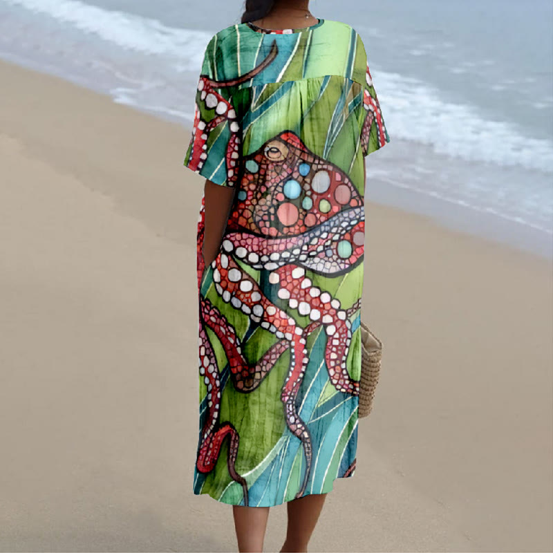Japanese Colorful Bright Octopus Art Print V-neck Short Sleeved Casual Midi Dress - image 2