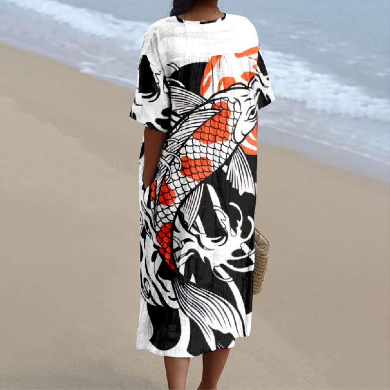 Japanese Colorful Bright Octopus Art Print V-neck Short Sleeved Casual Midi Dress - image 2