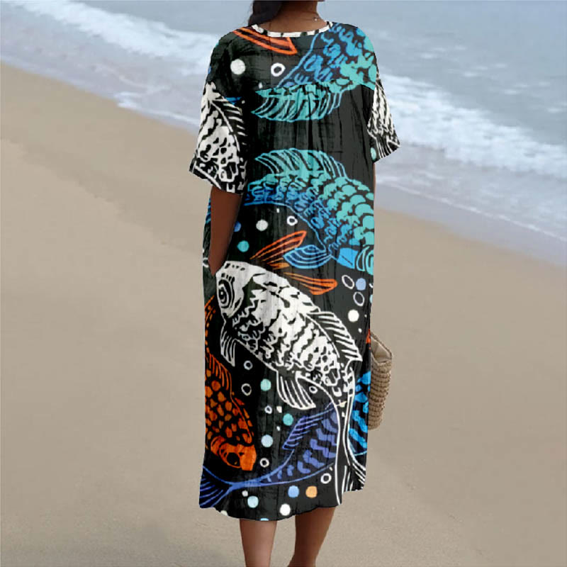 Japanese Multi-colored Swimming Fish Print V-neck Short Sleeved Casual Midi Dress - image 2