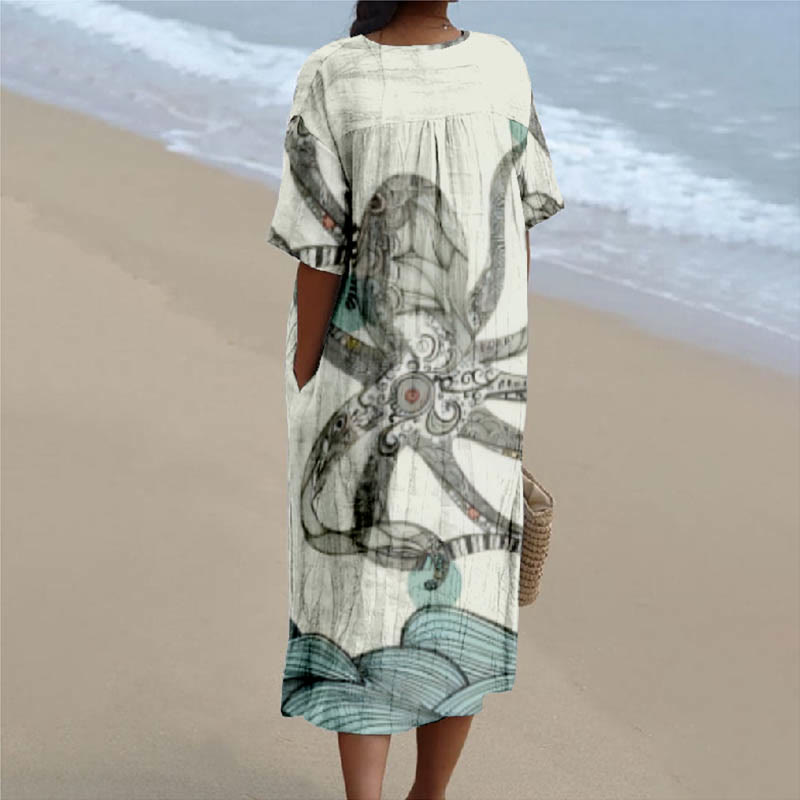 Japanese giant octopus art print V-Neck Short Sleeved Casual Midi Dress - image 2