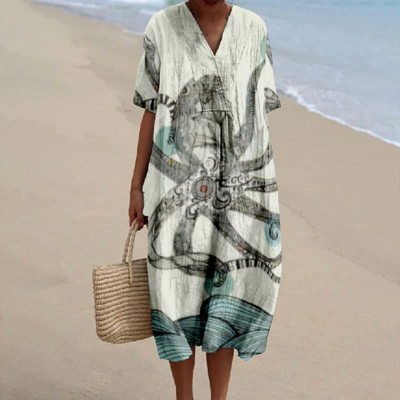 Japanese giant octopus art print V-Neck Short Sleeved Casual Midi Dress - Apricot - 6XL - image 1