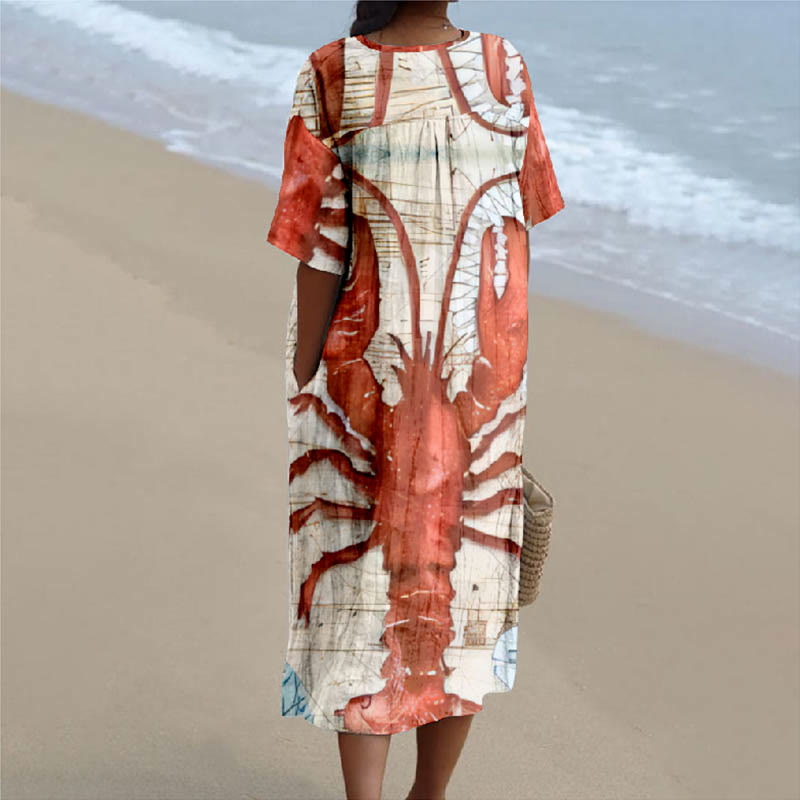 Japanese Orange Contrast Lobster Print V-neck Short Sleeved Casual Midi Dress - image 2