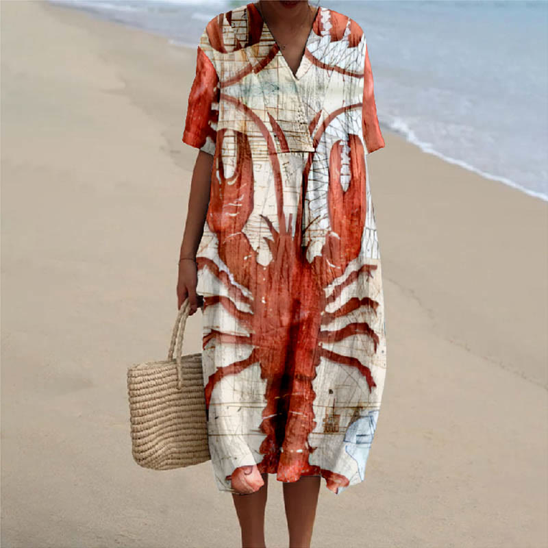 Japanese Orange Contrast Lobster Print V-neck Short Sleeved Casual Midi Dress - Orange - 6XL - image 1
