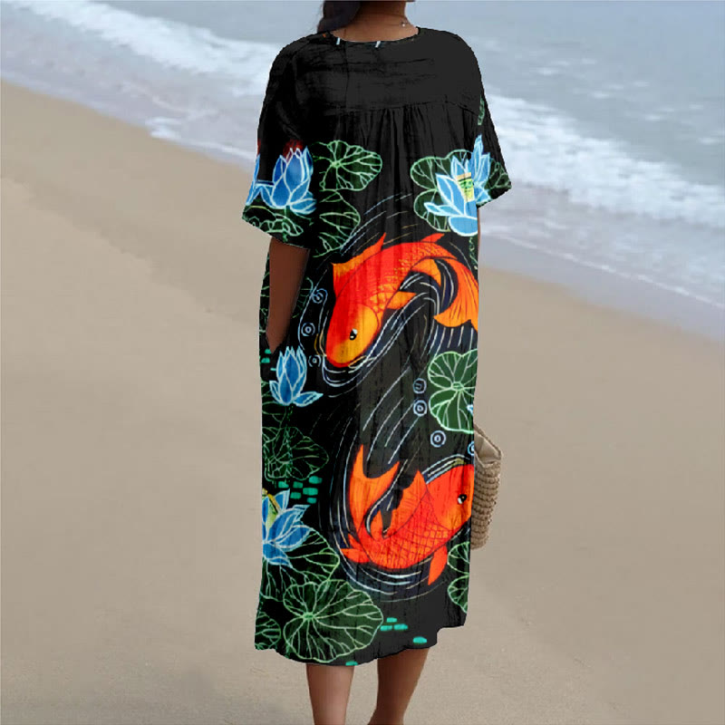 Koi Lotus Good Luck Print V-neck Short Sleeved Casual Midi Dress - image 2