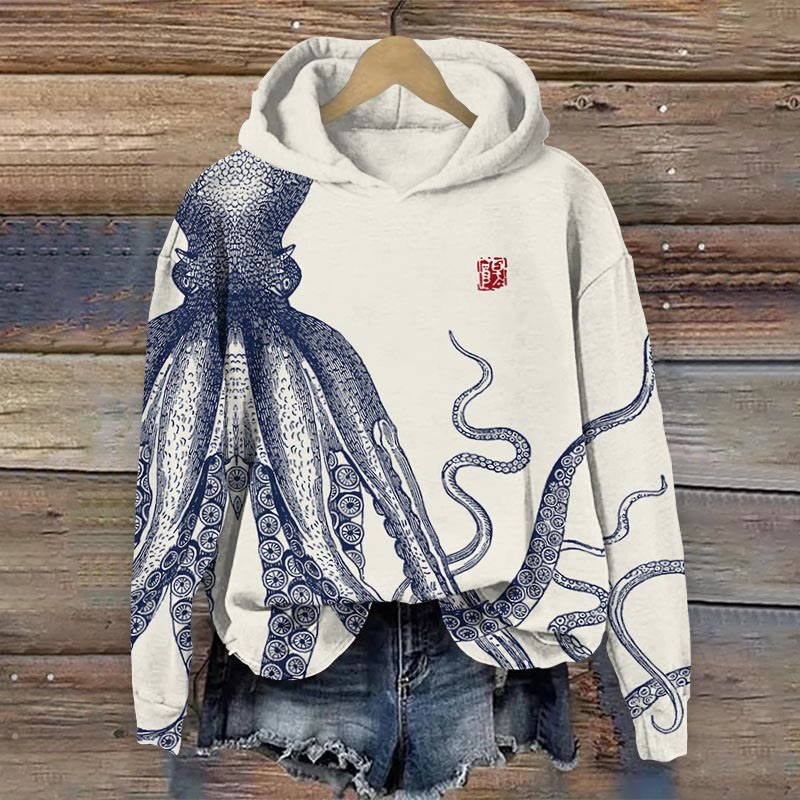 Dashingsoul Japanese Art Octopus And Crab Print Casual Long Sleeve Hoodie