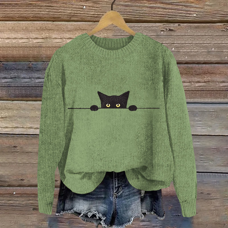 Women's Black Cat Print Crew Neck Casual Sweater - Green - XL - image 1