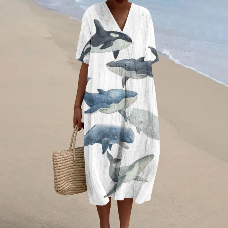 Whale And Dolphin Print V-neck Short Sleeved Midi Dress - White - 6XL - image 1