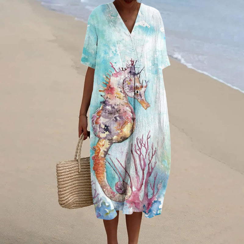 Colorful Watercolor Seahorse Print V-neck Short Sleeved Midi Dress - Lake Blue - 6XL - image 1