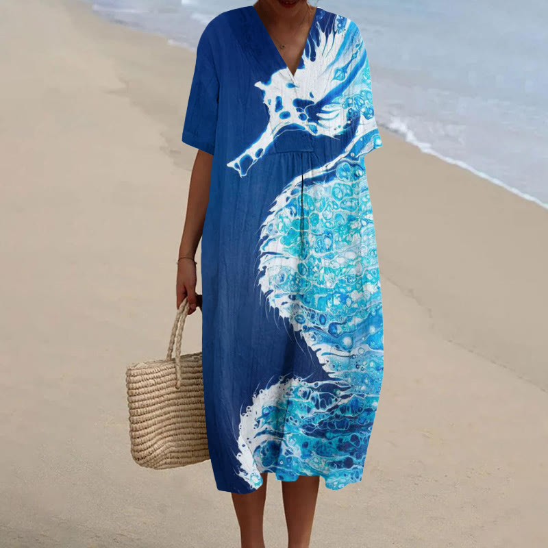 Ombre Watercolor Seahorse Print V-neck Short Sleeved Midi Dress - Navy Blue - 6XL - image 1