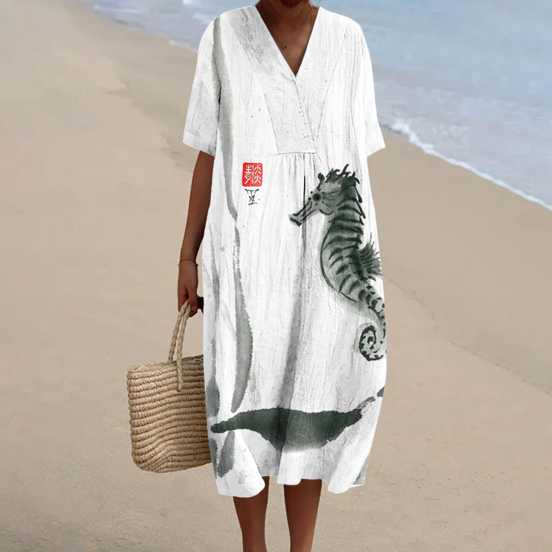 Japanese Style Ink Seahorse Print V-neck Short Sleeved Midi Dress - White - 6XL - image 1