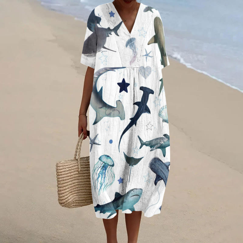 Shark And Jellyfish Print V-neck Short Sleeved Midi Dress - White - 6XL - image 1
