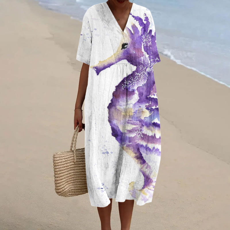 Watercolor Seahorse Print V-neck Short Sleeved Midi Dress - Purple - 6XL - image 1