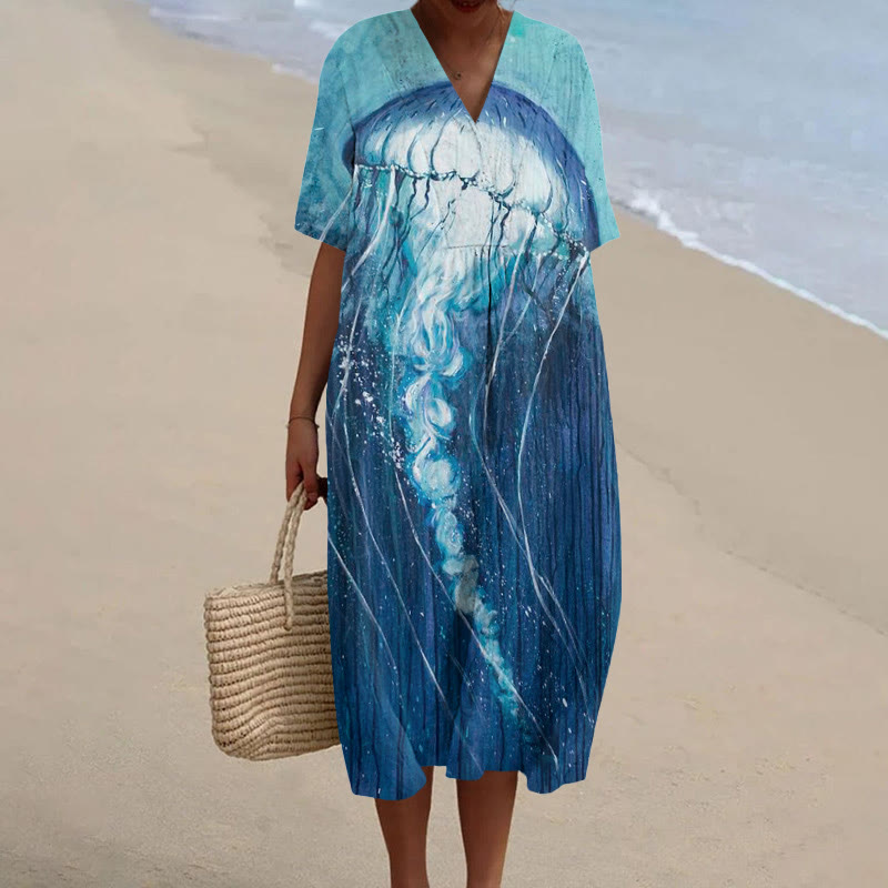 Oil Painting Ombre Jellyfish Print V-neck Short Sleeved Midi Dress - Blue - 6XL - image 1