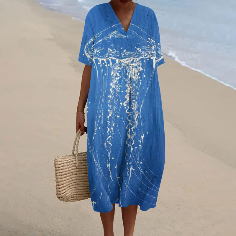 Casual Watercolor Jellyfish Print V-neck Short Sleeved Midi Dress - Blue - 6XL - image 1
