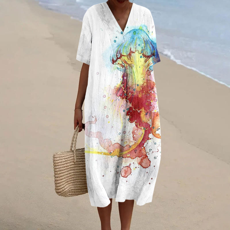 Watercolor Colorful Jellyfish Print V-neck Short Sleeved Casual Midi Dress - Red - 6XL - image 1