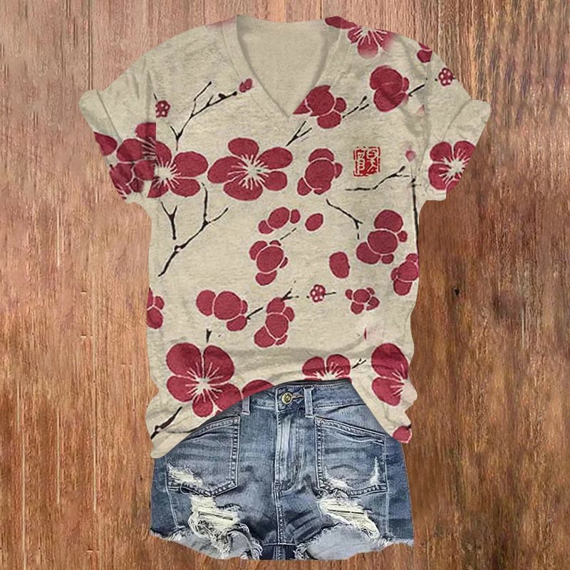 Cherry Blossom Japanese Lino Art Vintage Print Casual V-neck T-shirt