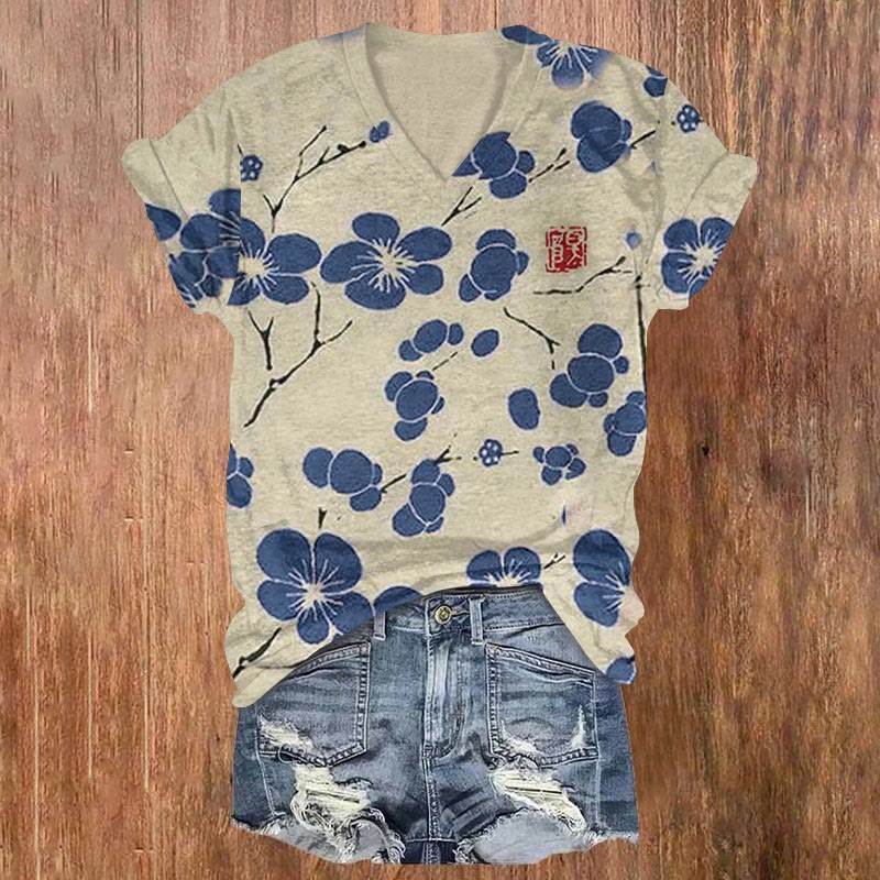 Cherry Blossom Japanese Lino Art Vintage Print Casual V-neck T-shirt