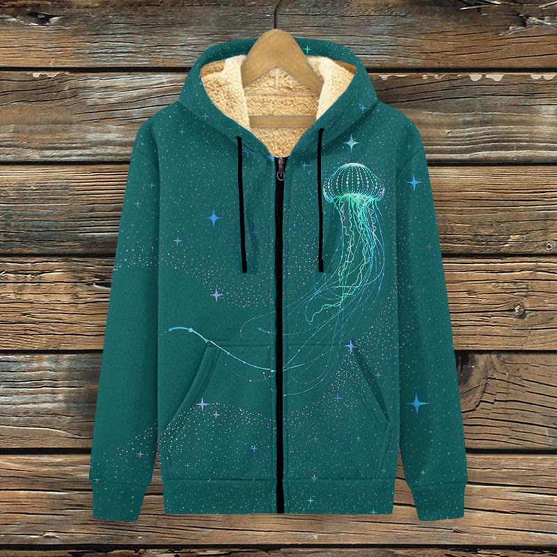 Colorful Starry Sky Jellyfish Print Fleece Jacket - Lake Blue - 4XL - image 2