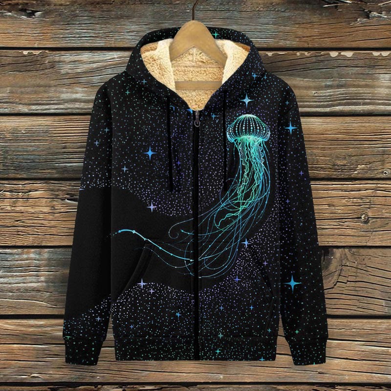 Colorful Starry Sky Jellyfish Print Fleece Jacket - Black - 4XL - image 1