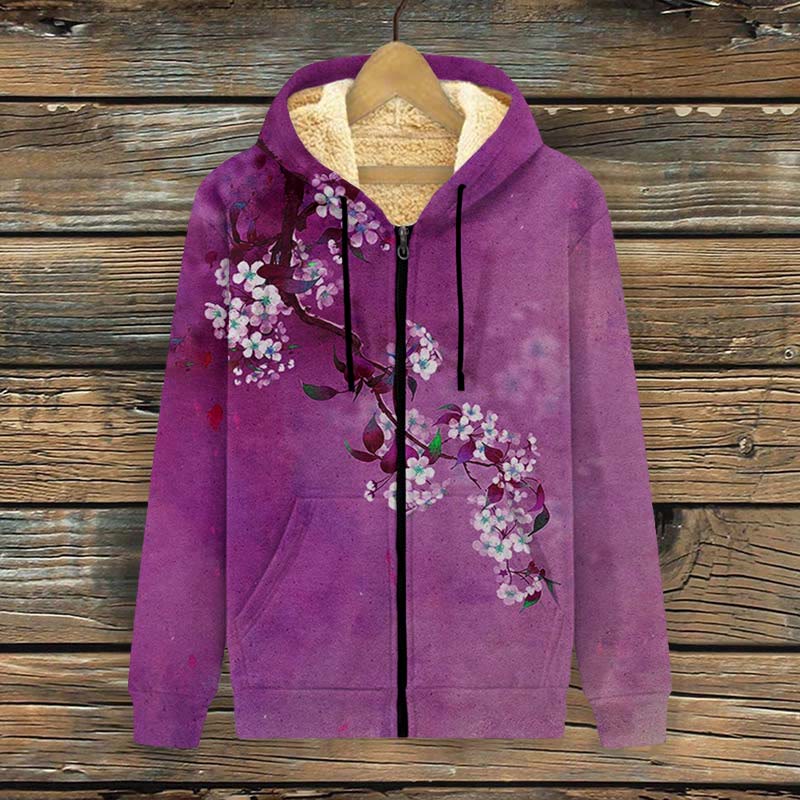 Japanese Antique Pear Blossom Ink Painting Print Fleece Jacket - Purple - 4XL - image 2