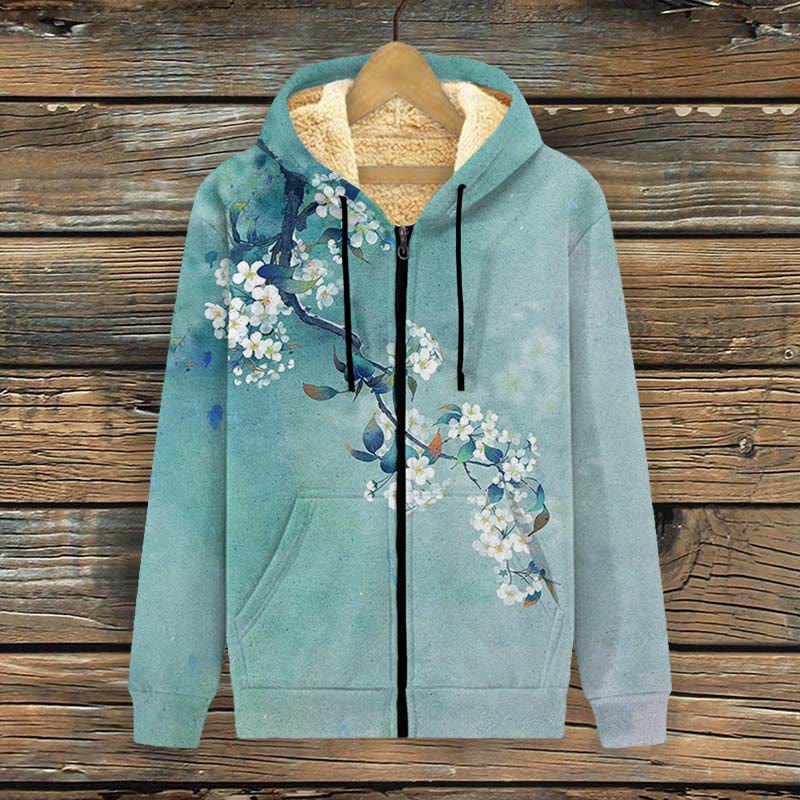 Japanese Antique Pear Blossom Ink Painting Print Fleece Jacket - Light Blue - 4XL - image 1