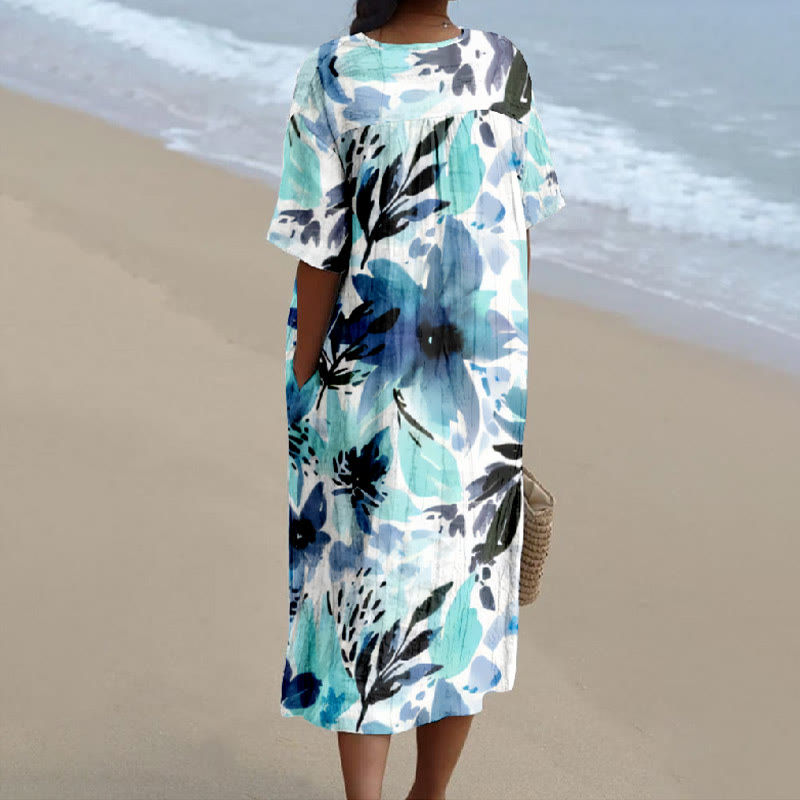 Women's Ink Watercolor Tree Leaves Floral Print V-neck Short Sleeved Casual Midi Dress - image 2