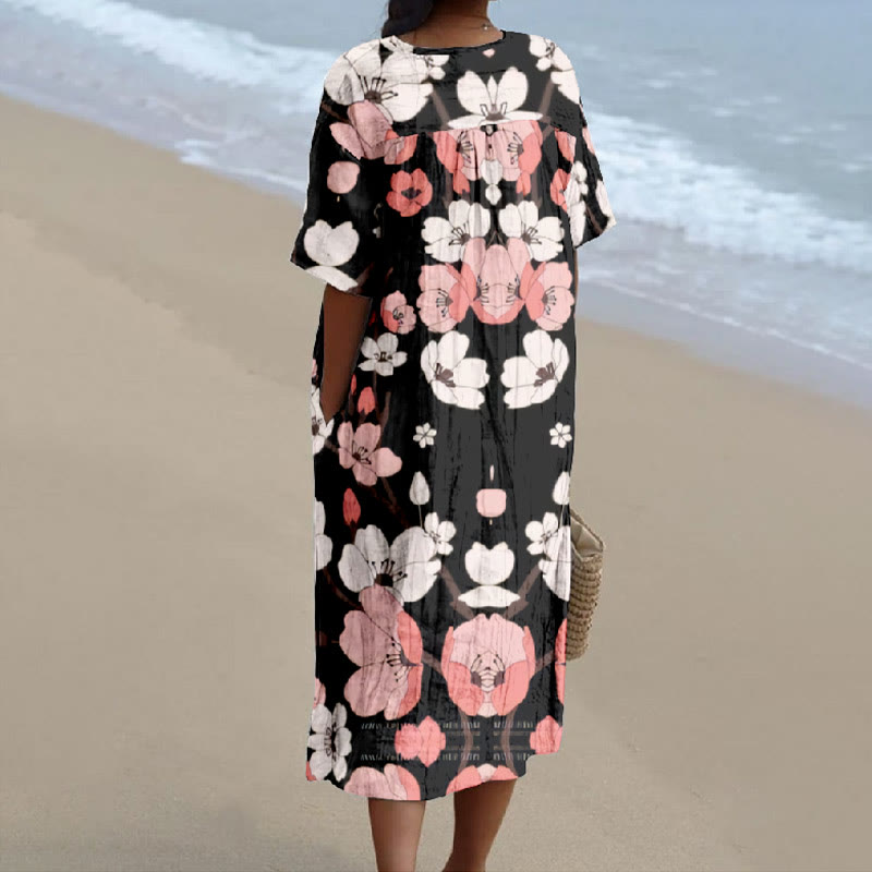 Women's White And Pink Lovely Sakura Art Print V-neck Short Sleeved Casual Midi Dress - image 2