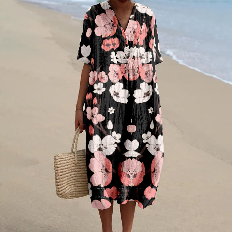 Women's White And Pink Lovely Sakura Art Print V-neck Short Sleeved Casual Midi Dress - Black - 6XL - image 1