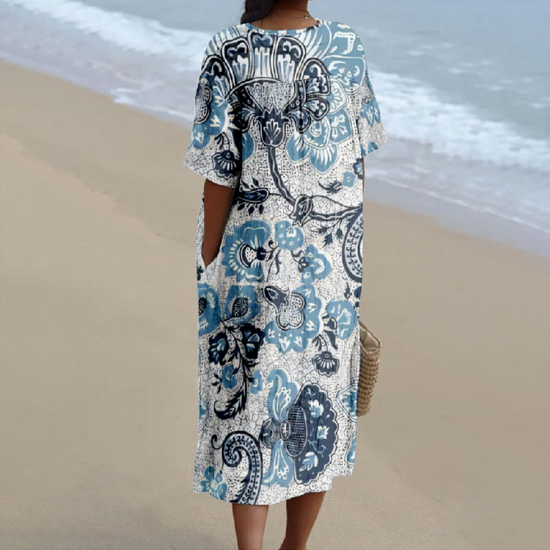 Women's Vintage Abstract Floral Leaves Art Print V-neck Short Sleeved Casual Midi Dress - image 2
