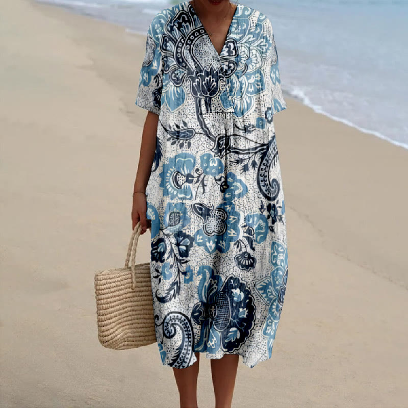 Women's Vintage Abstract Floral Leaves Art Print V-neck Short Sleeved Casual Midi Dress - Blue - 6XL - image 1
