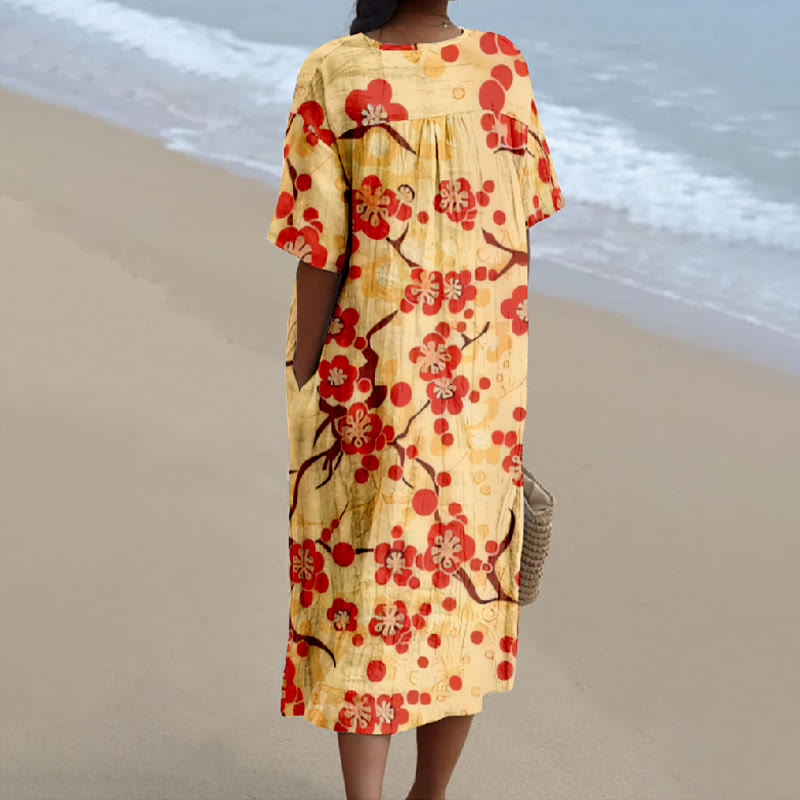 Women's Japanese Sakura Summer Casual Print V-neck Short Sleeved Casual Midi Dress - image 2