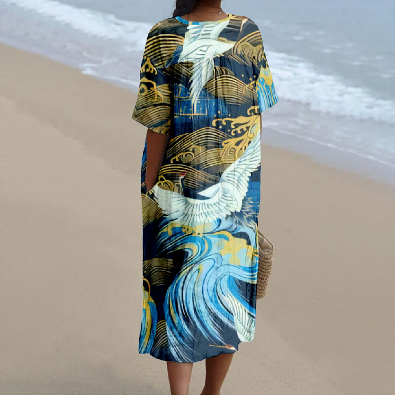Women's Fantasy Abstract Crane And Waves Print V-neck Short Sleeved Casual Midi Dress - image 2