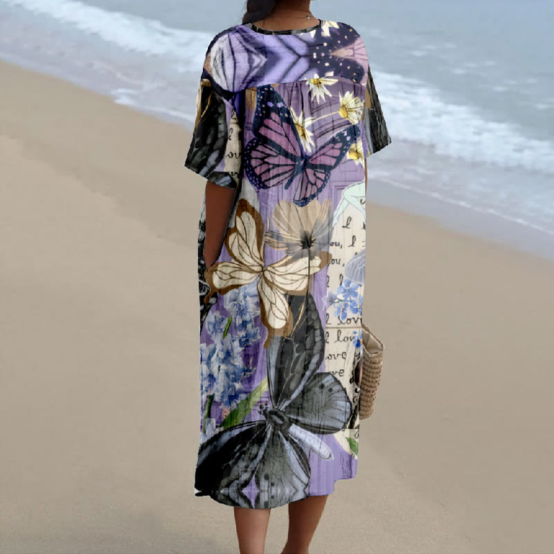 Women's Fantasy Flying Butterfly Love Floral Print V-neck Short Sleeved Casual Midi Dress - image 2