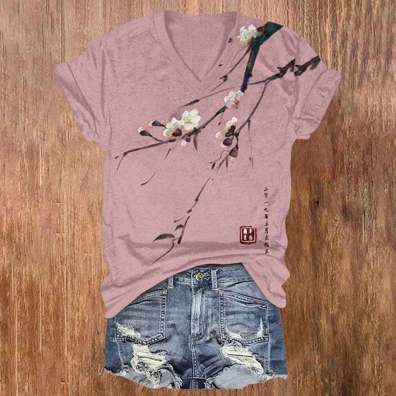 Vintage Plum Blossom Art Print V-neck T-shirt
