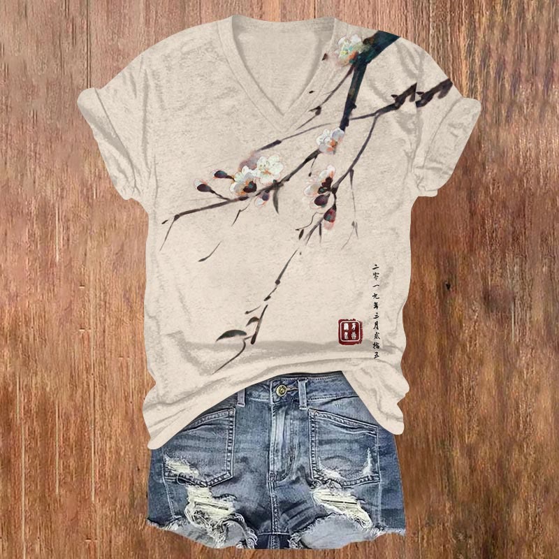 Vintage Plum Blossom Art Print V-neck T-shirt