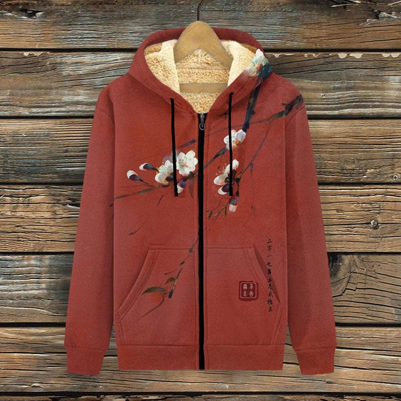 Vintage Plum Blossom Art Print Fleece Jacket - Red - 4XL - image 1