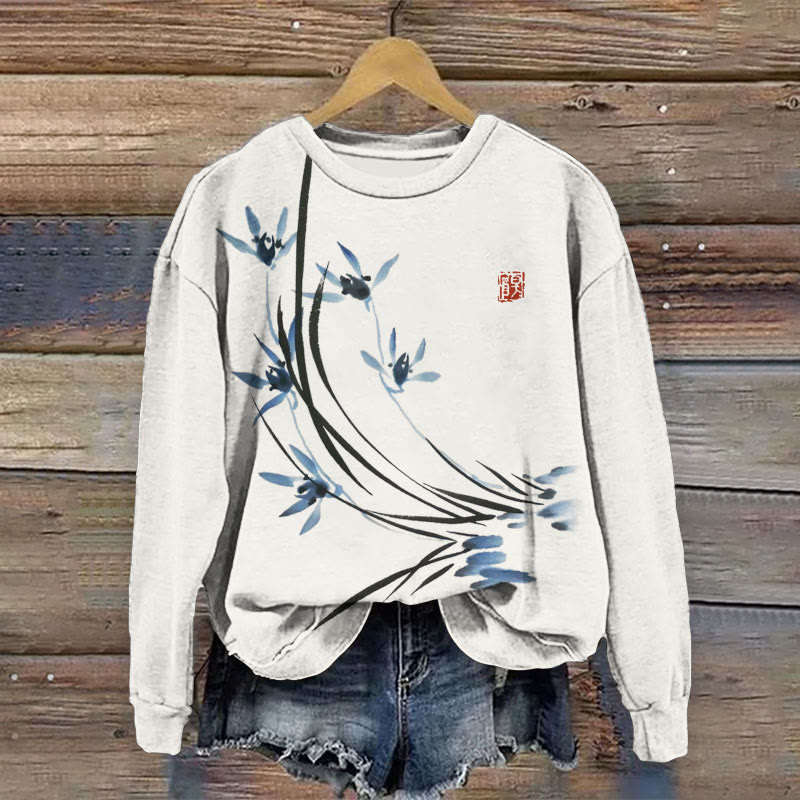 Vintage Japanese Art Flowers Print Sweatshirt - White - 5XL - image 1