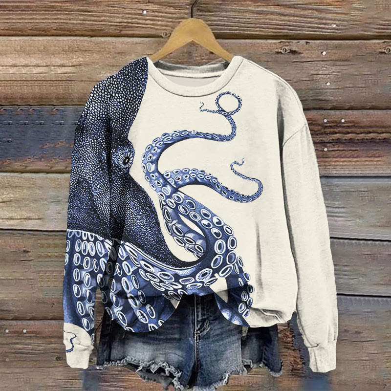 Japanese Art Octopus Graphic Print Sweatshirt