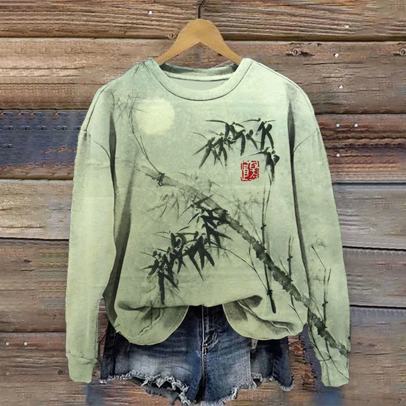 Bamboo Forest Full Moon Night Japanese Art Print Sweatshirt - Green - 5XL - image 1