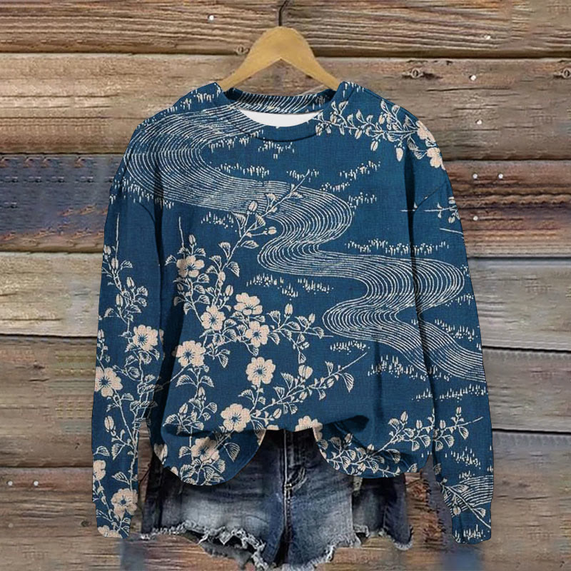 Women's Japanese River And Plum Blossom Print Sweatshirt - Dark Blue - 5XL - image 1