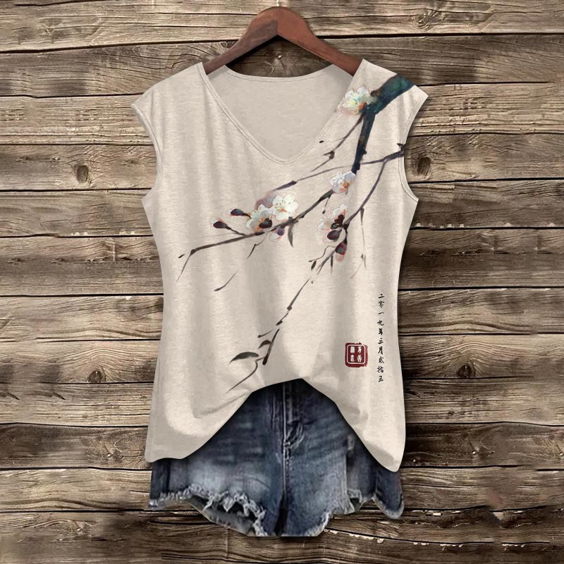 Dashingsoul Vintage Plum Blossom Art Print Women's Casual V-neck Tank Top