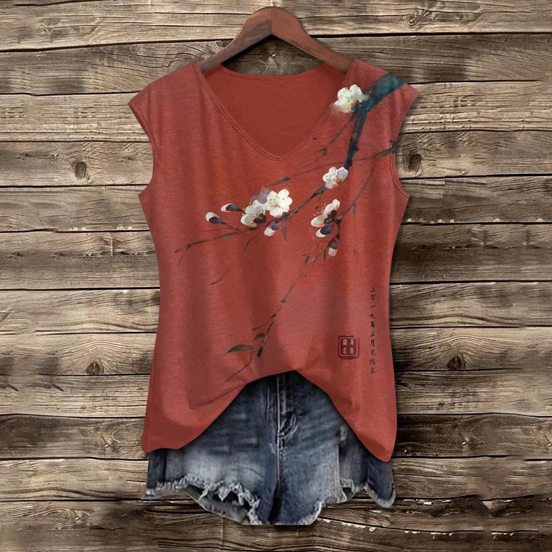 Dashingsoul Vintage Plum Blossom Art Print Women's Casual V-neck Tank Top