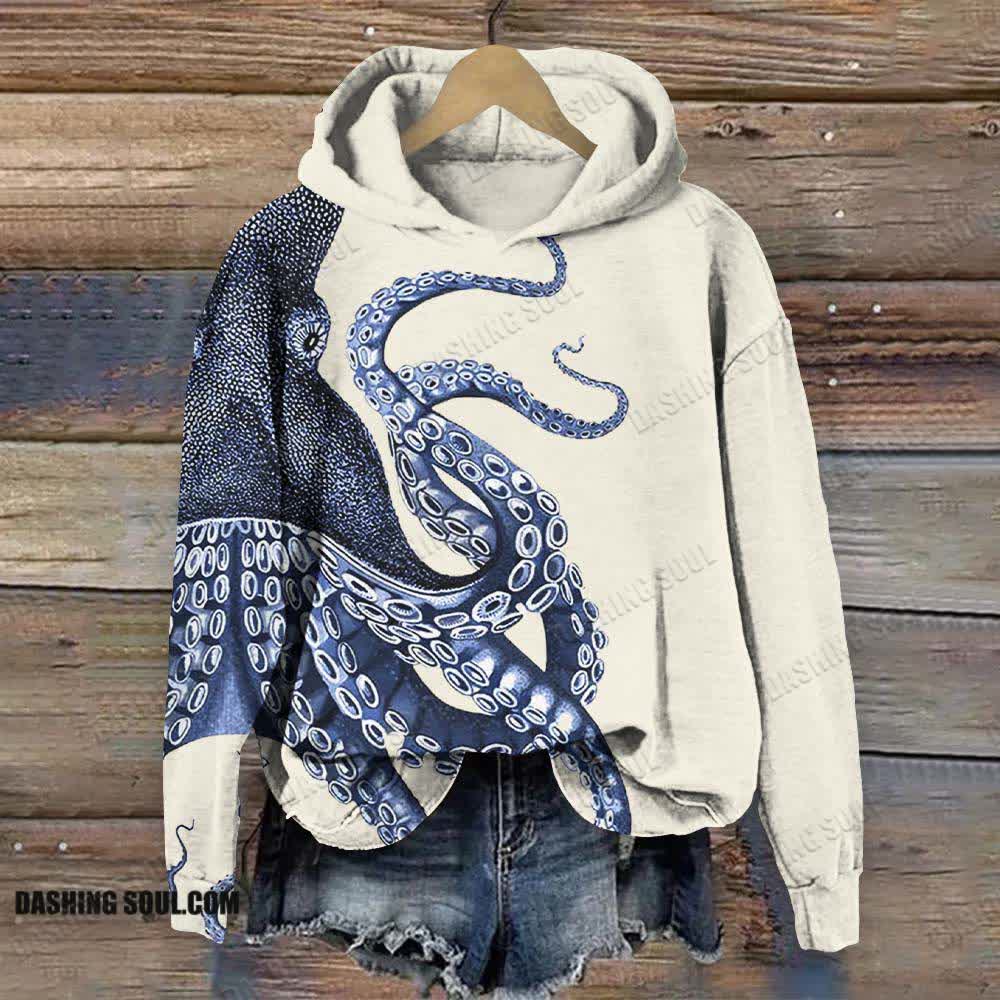 Japanese Art Octopus Graphic Print Casual Long Sleeve Hoodie