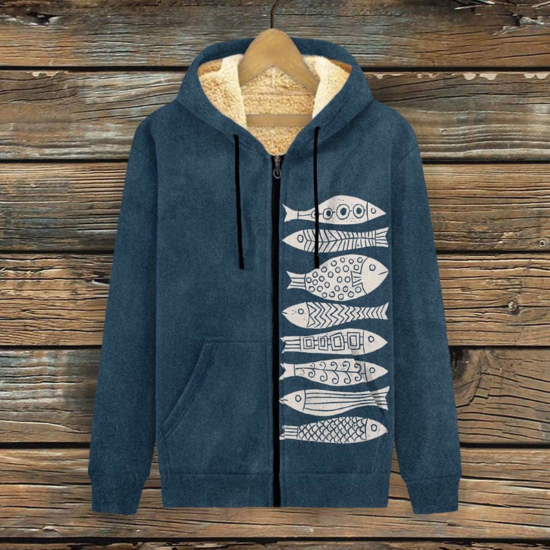 Fish Japanese Lino Art Print Fleece Jacket - Navy Blue - 4XL - image 1
